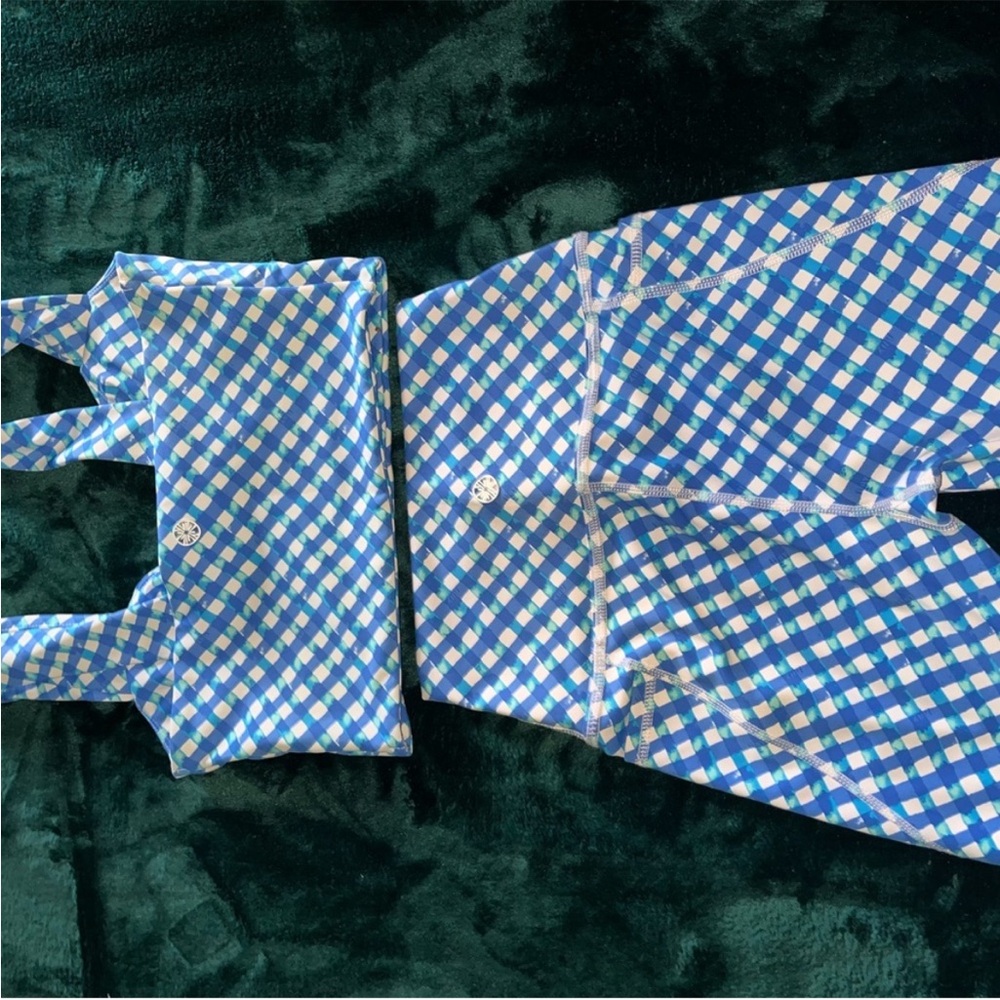 Blue and White Checkered Athletic Shorts and sports bra